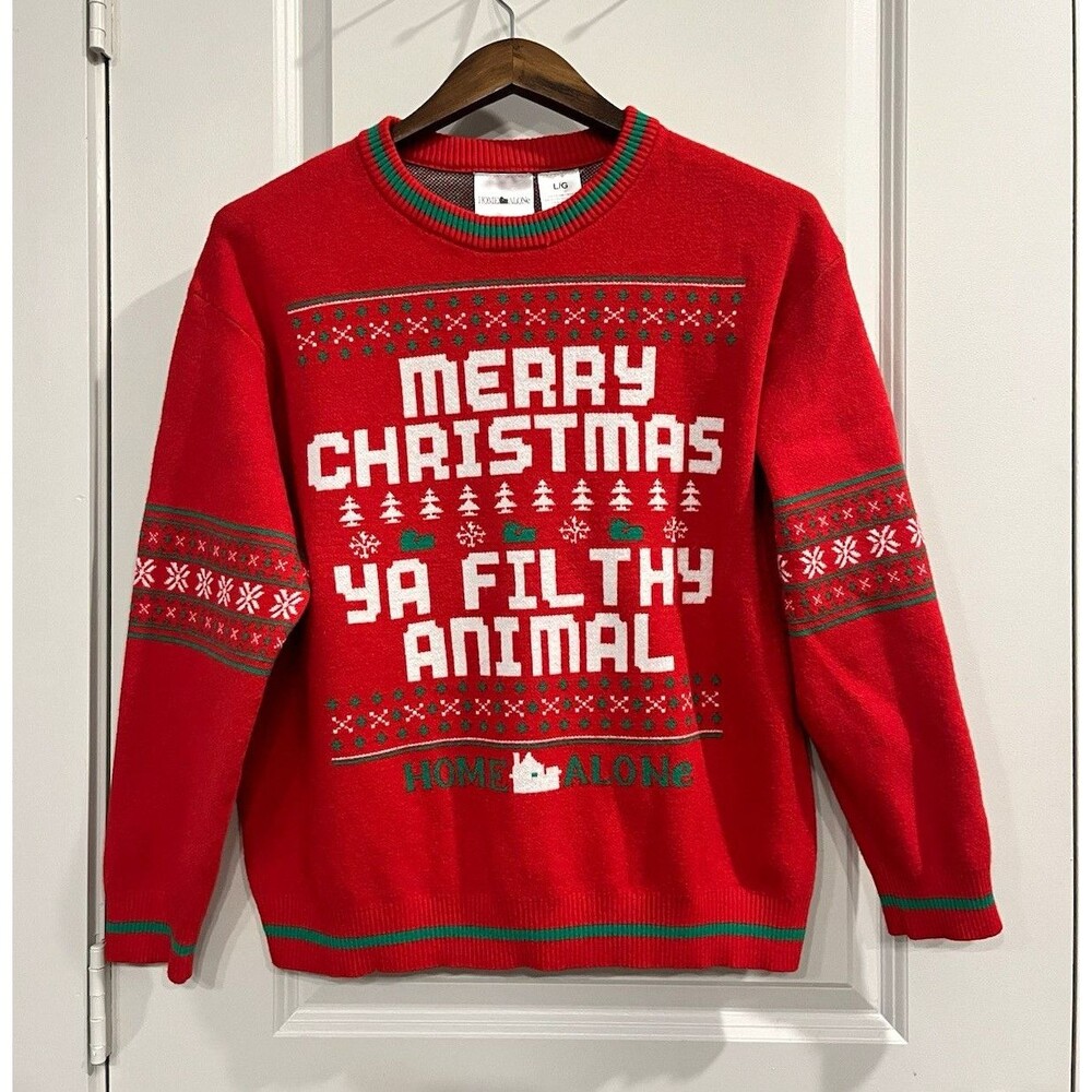 Home Alone Men’s Red Knit Graphic Sweater Crew Neck Long Sleeve Size L 0054